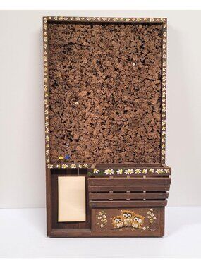 Dark Brown Cork Board Painted Owls Daisys Accents 24" x 13" Late 70s early 80